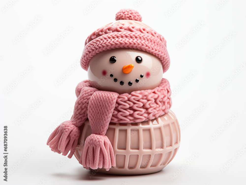 Wunderschöner Schneemann mit pink Mütze und Schal als Puppe, ai generativ