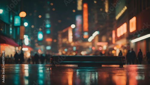 An abstract cityscape bathed in dystopian hues, featuring bokeh lights and shadows that evoke a sense of mystery and allure amidst a retro-toned atmosphere.