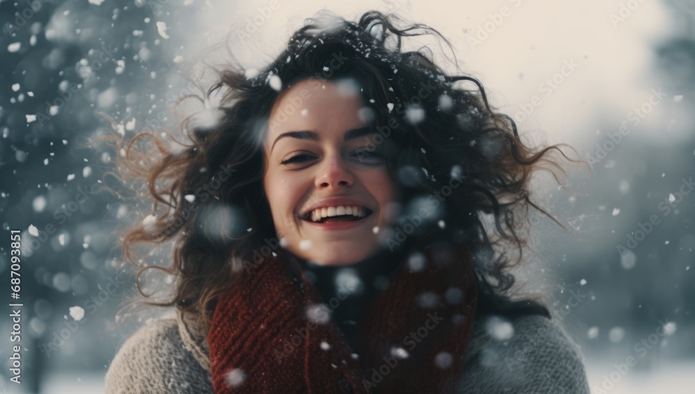Woman having fun in the falling snow Woman having fun in the falling snow