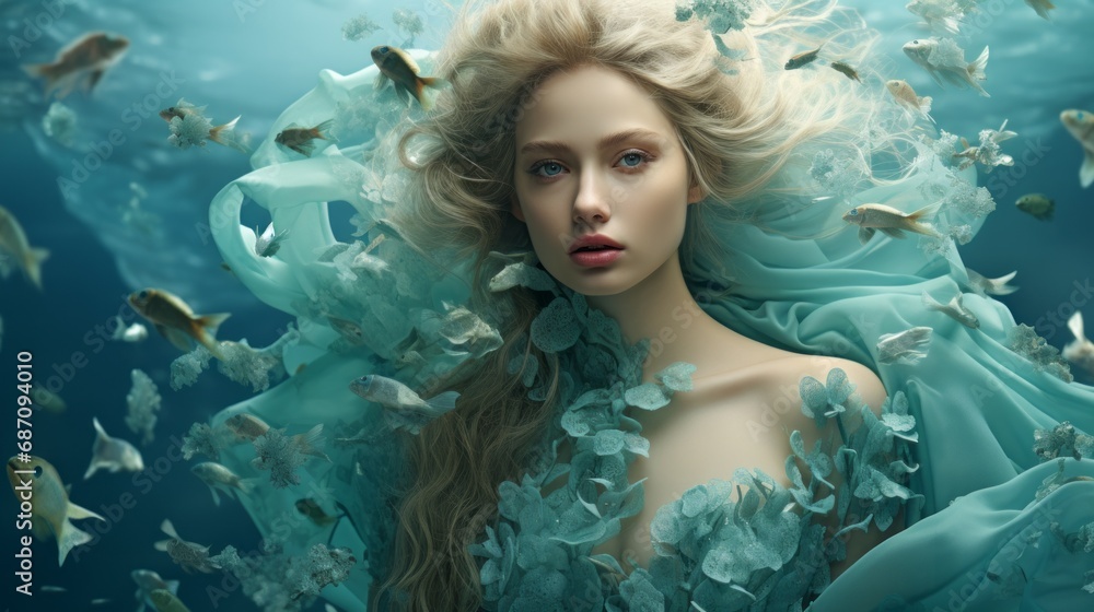Art Portrait of attractive blonde girl with natural makeup. Artistic portrait of a beautiful young woman with fabric in aqua color tone, underwater shot. Art portrait of a fashion model in blue water. Art Portrait of attractive blonde girl with natural makeup. Artistic portrait of a beautiful young woman with fabric in aqua color tone, underwater shot. Art portrait of a fashion model in blue water.