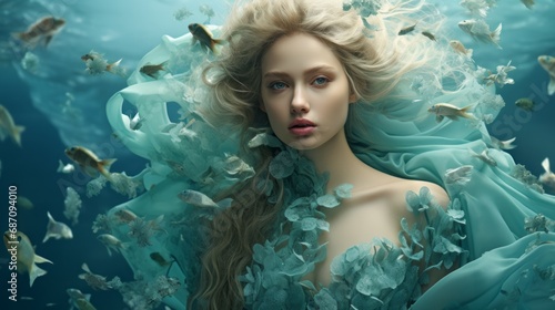 Art Portrait of attractive blonde girl with natural makeup. Artistic portrait of a beautiful young woman with fabric in aqua color tone, underwater shot. Art portrait of a fashion model in blue water.