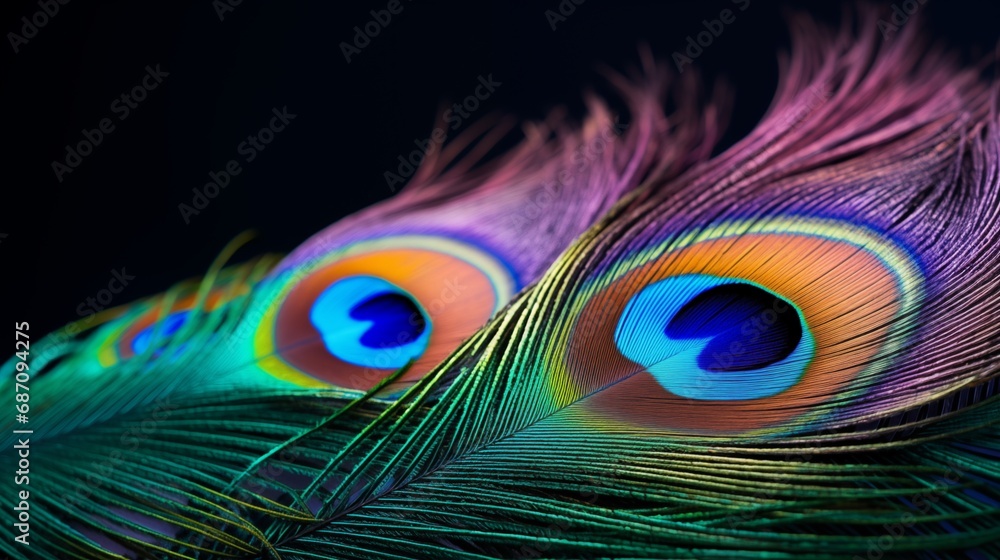 Fototapeta premium Exotic background with two close-up peacock feathers on dark blue background
