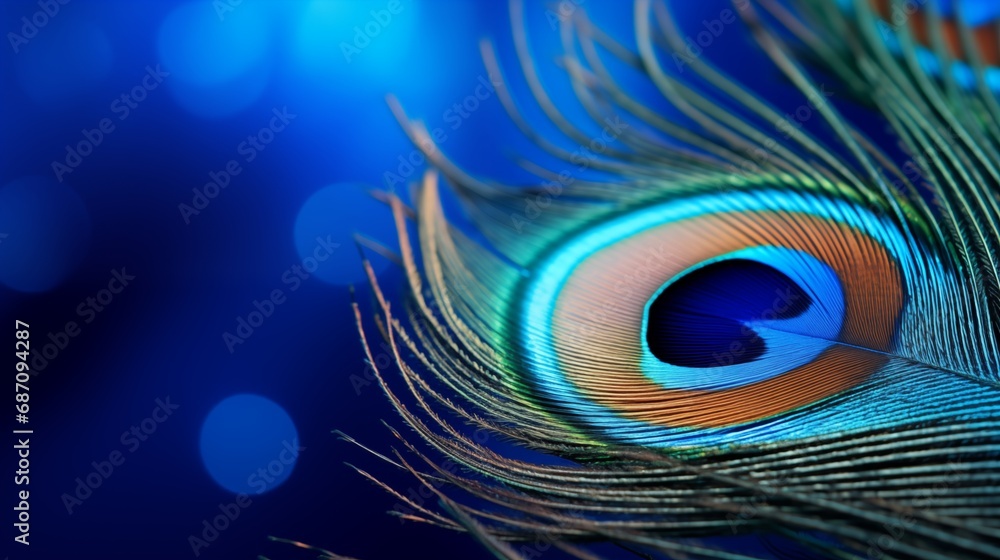 Naklejka premium Close up macro photo of a peacock feather on blue shimmering magical background
