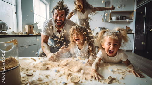 Young caucasian family being messy and having fun baking together in the kitchen. generative ai. photo