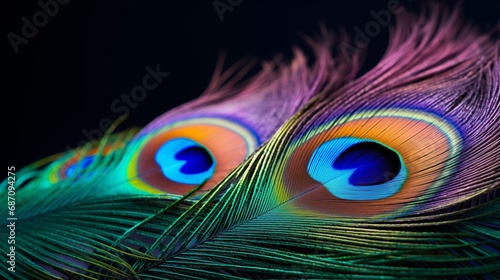 Exotic background with two close-up peacock feathers on dark blue background