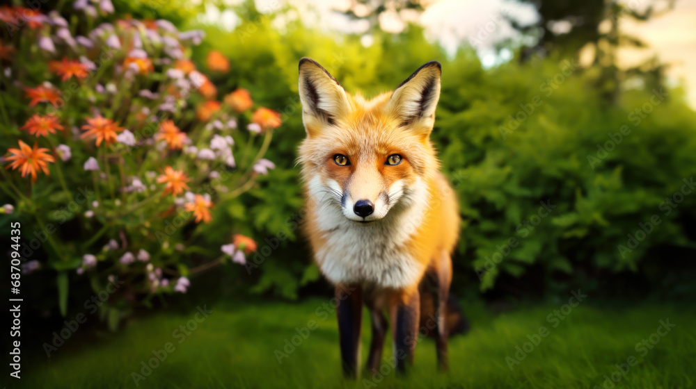 Portrait of a Red fox standing on a green grass in summer