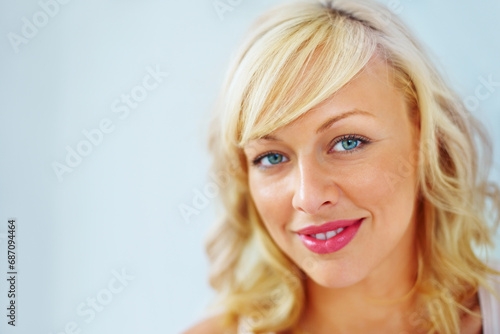 Portrait, skincare and beauty of woman in makeup isolated on a white background mockup. Face, cosmetics and happy blonde model in spa facial treatment, lipstick and healthy glow, shine or young