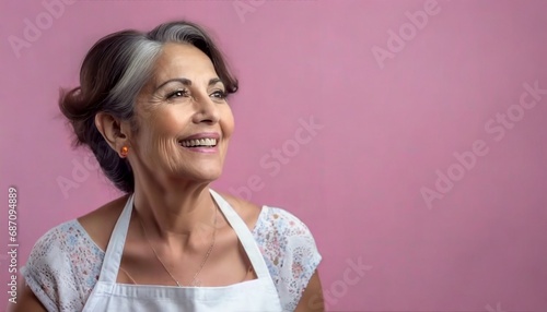 Encantadora imagen de una mujer mayor sonriente, con delantal de cocina y cabello blanco, inmersa en la cocina. La pared rosa crea un ambiente encantador, evocando la esencia de la cocina de la abuela photo