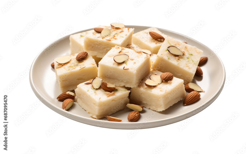 Milk Barfi Adorned with Almond Garnish on a Plate Isolated on Transparent Background PNG.