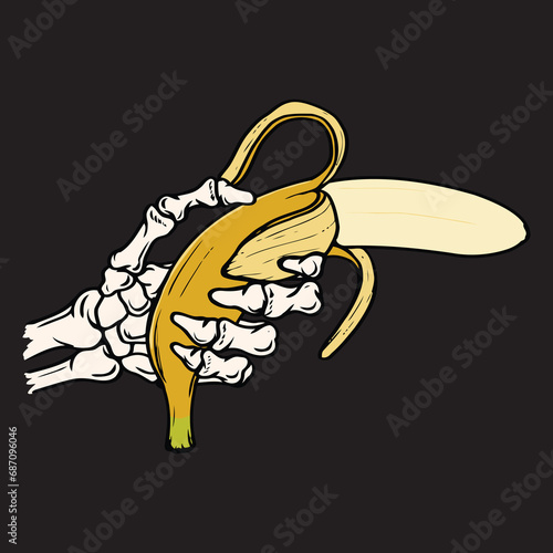 Funny skeleton hand holding a banana gun vector drawing