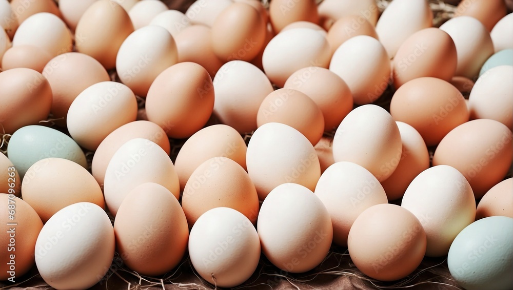 A collection of brown and white eggs on a nest, offering a natural, organic, and textured background A collection of brown and white eggs on a nest, offering a natural, organic, and textured background