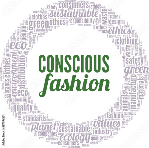 Conscious Fashion word cloud conceptual design isolated on white background.