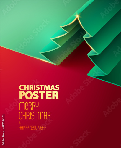 Christmas greeting card design with green origami fir tree on red background. Holiday festive template for poster, banner and flyer.