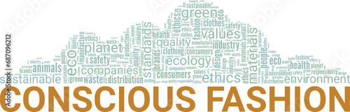 Conscious Fashion word cloud conceptual design isolated on white background.