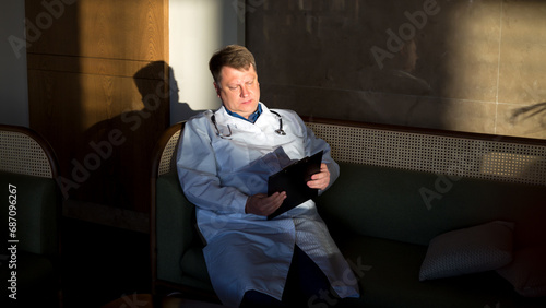 A tired male doctor works with documents his office until dawn. photo