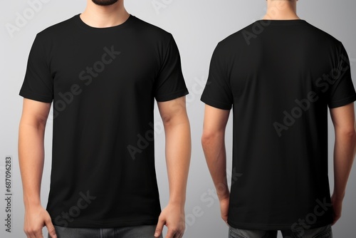 closeup of young man in blank t-shirt front and back, template and mock up for pr. Mockup image. Men's t-shirt template design and layout for print.