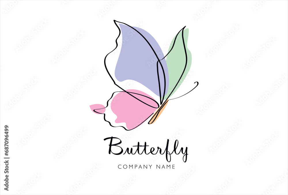 Butterfly in One continuous line drawing. Beautiful flying moth for wellbeing beauty or spa salon logo and divider concept in simple linear style. Minimalist line art butterfly logo design.