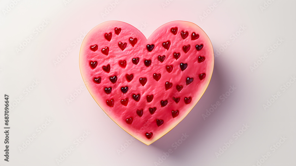 Heart shaped watermelon pieces, Fruity watermelon love motif, isolated on pastel background.