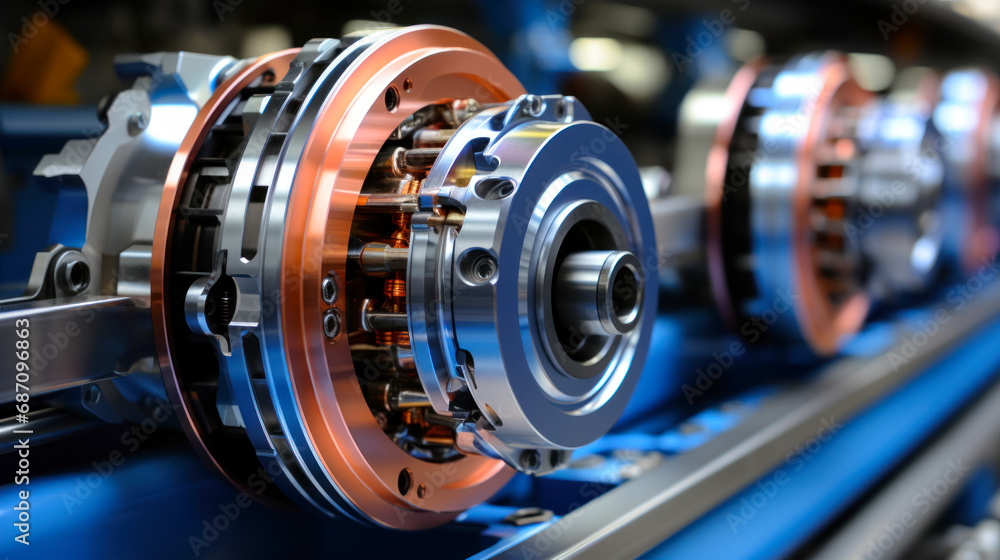 Fototapeta premium Precision engineering details of electric motors and wheels of a modern locomotive, close-up of details of the mechanism of complex wheels and brakes