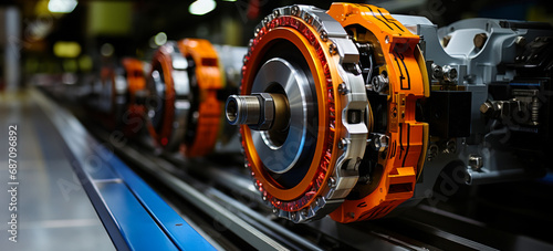 Precision engineering, close-up of the complex wheels and brakes and other parts of the train's wheels and machinery, demonstrating the precision and engineering of high-speed rail photo