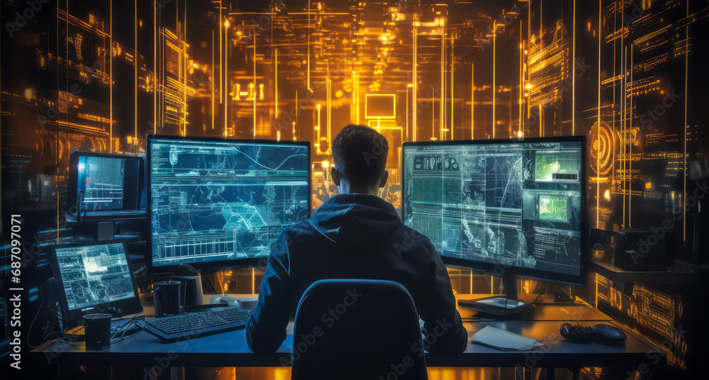 Cybersecurity professional working inside a high-tech server room with immersive interface graphics and data encryption visualizations in a modern network operations center Cybersecurity professional working inside a high-tech server room with immersive interface graphics and data encryption visualizations in a modern network operations center