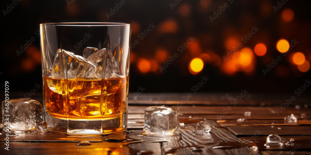 Elegant glass of amber whiskey with ice on a rustic wooden table against a warm, dark background with floating dust particles Elegant glass of amber whiskey with ice on a rustic wooden table against a warm, dark background with floating dust particles
