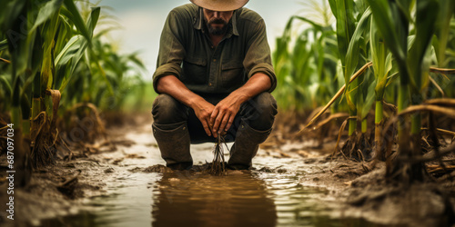 Farmer standing in a flooded cornfield, reflecting on climate change's impact on agriculture, food security, and rural economy