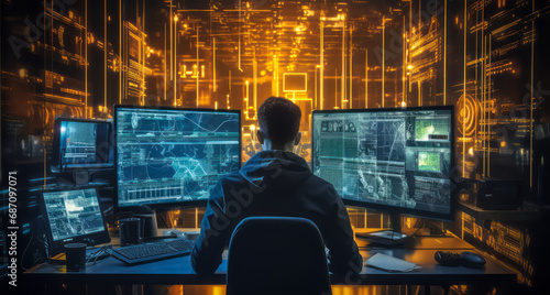 Cybersecurity professional working inside a high-tech server room with immersive interface graphics and data encryption visualizations in a modern network operations center photo
