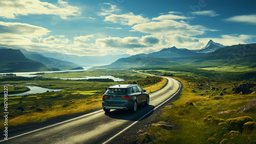 Beautiful landscape, road winding through hills, cars driving, patchwork of green and gold fields stretching to the horizon with rocky mountains, auto tourism poster photo