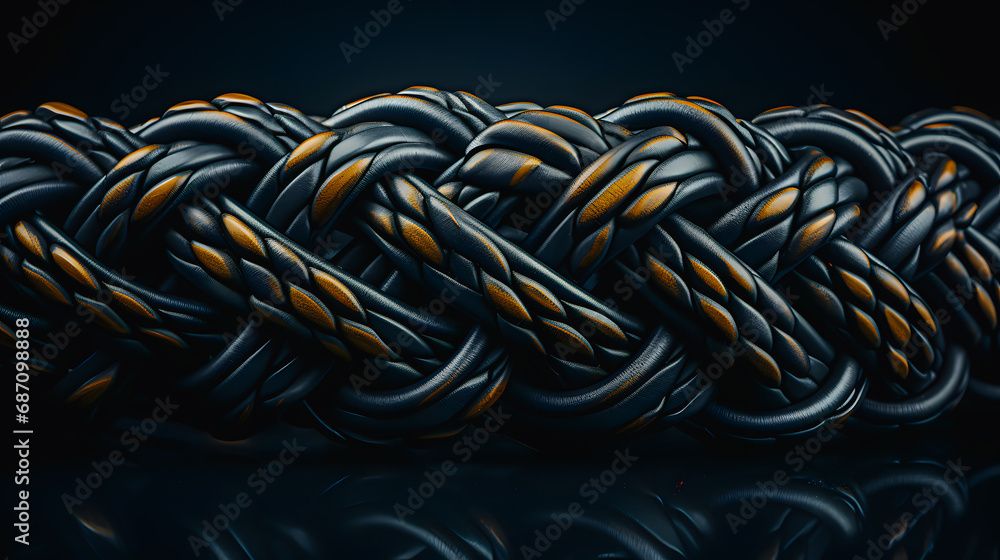 Black braided rope wrapped in a sailor's knot on a black background - obrazy, fototapety, plakaty 