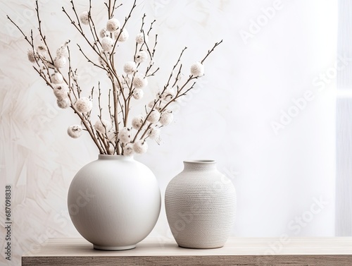 White vases on white background with cotton branches. Mocap, background, wallpaper 