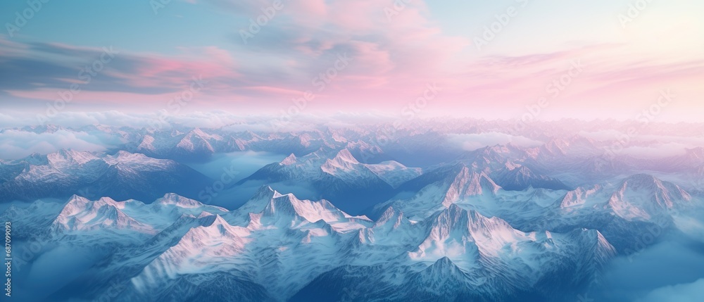 Obraz na płótnie Aerial view Canadian Mountain Landscape in Winter. Colorful Pink Sky Art Render. w salonie