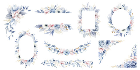 Watercolor set of frames and wreaths of dusty blue, pink flowers. Wedding composition, stationery, invitations, postcards, decorations, fashion. Hand drawn illustration.