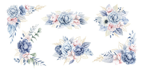 Watercolor bouquet set of dusty blue, pink flowers. Wedding composition, stationery, invitations, postcards, decorations, fashion. Hand drawn illustration.