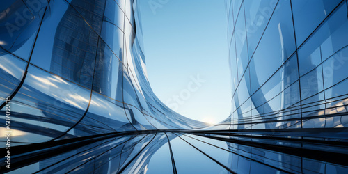 Modern architectural elegance: Upward view of a futuristic skyscraper's curved glass facade reflecting the clear blue sky photo