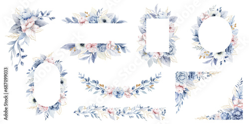 Watercolor set of frames and wreaths of dusty blue, pink flowers. Wedding composition, stationery, invitations, postcards, decorations, fashion. Hand drawn illustration. photo