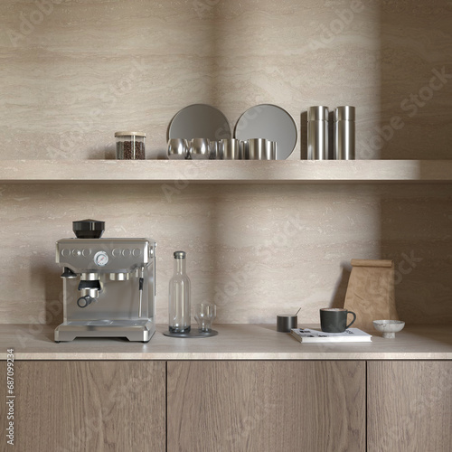 Close up view of kitchen , coffee corner design with coffee machine and decor , 3d rendering 
