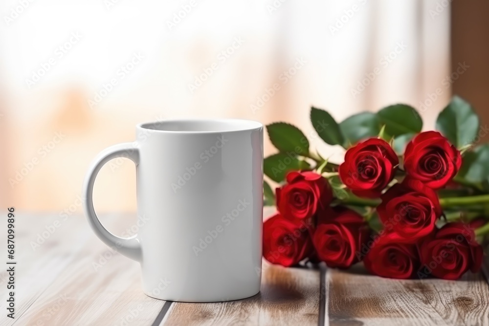 white mug mockup on a wooden table with red roses. Background with red rose, romantic composition for Valentine's Day, International Women's Day. white mug mockup on a wooden table with red roses. Background with red rose, romantic composition for Valentine's Day, International Women's Day.