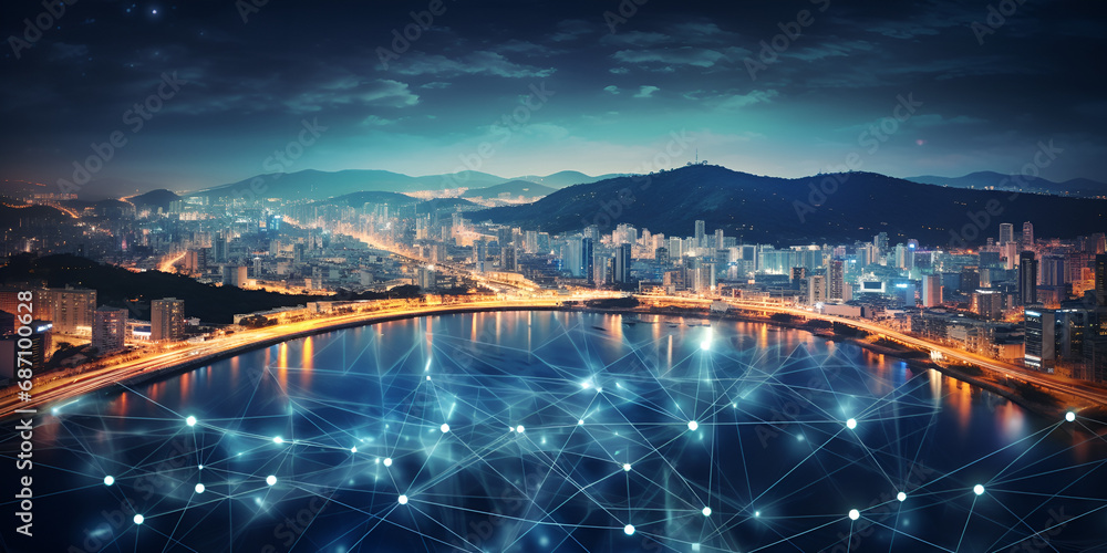 worldwide network connection, digital art illustration realistic, A cityscape with a blue sky and the word city on it, Smart city and big data connection technology concept, Generative AI

