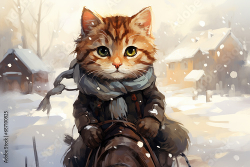 Cute cartoon cat in the snow  in a winter forest  wearing a scarf. Space for text