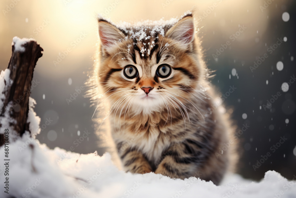 Cute cat in the snow, in a winter forest. Space for text