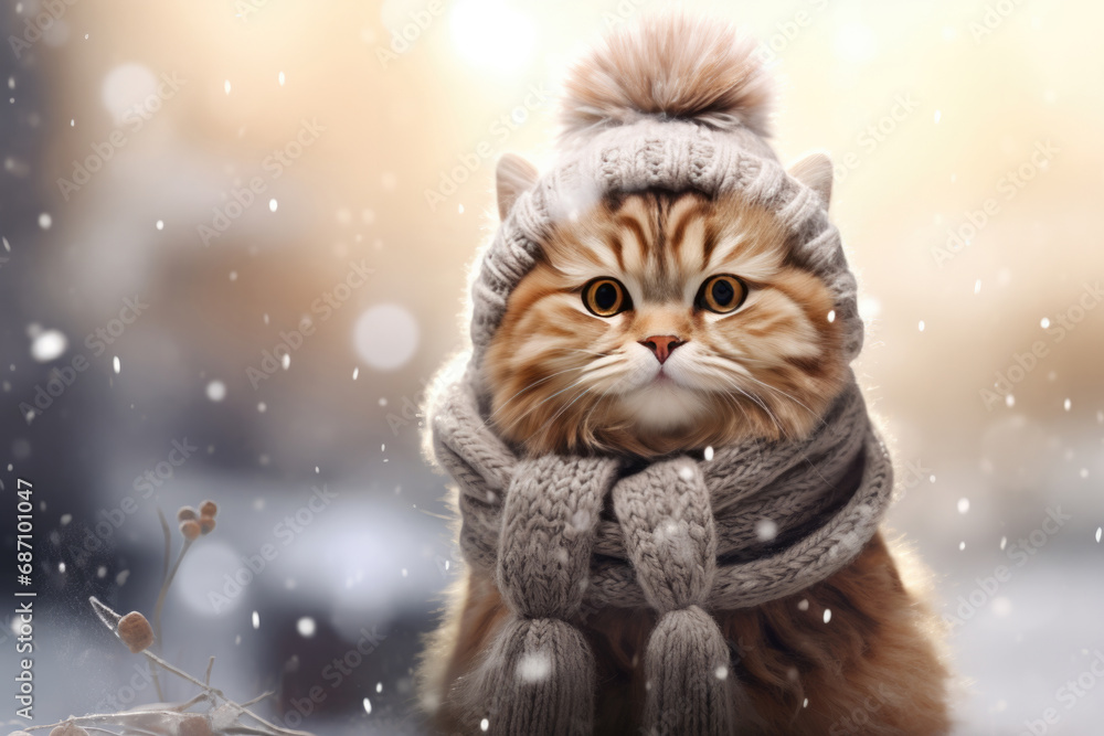 Cute cat in the snow, in a winter forest, wearing a hat and scarf. Space for text