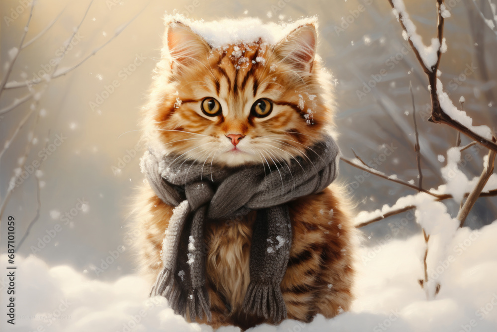 Fototapeta premium Cute cat in the snow, in a winter forest, wearing a scarf. Space for text