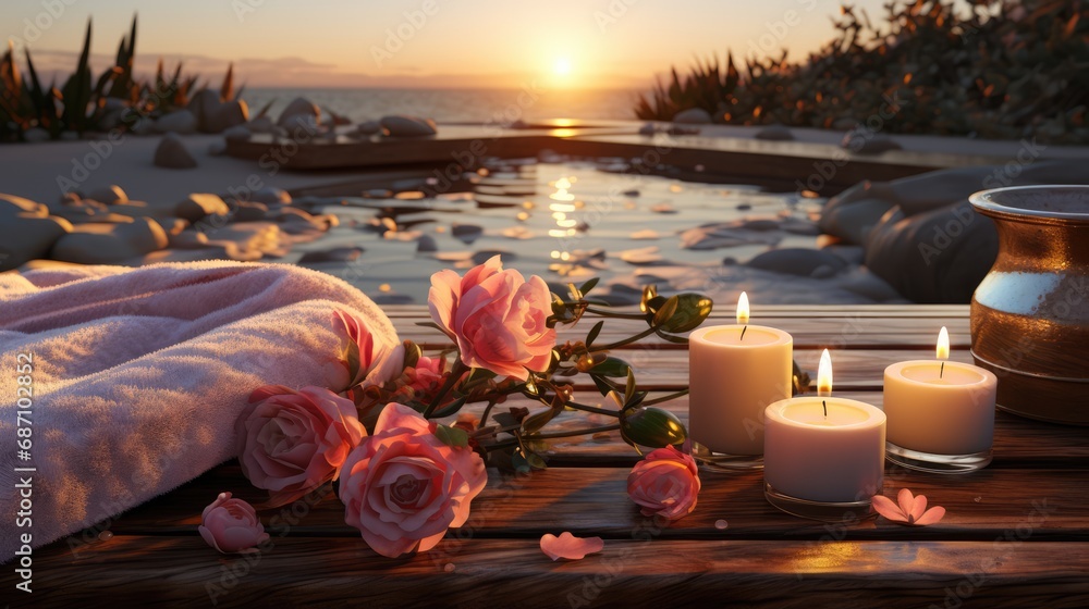 Fototapeta premium Beautiful romantic burning candles in glass cups. Flowers lie on a wooden surface. Theme of rest and relaxation.