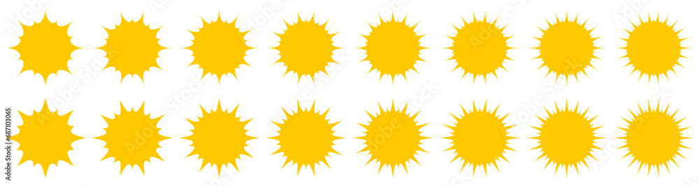 Set of yellow sun icons. Weather or sunlight symbols collection. Set of yellow sun icons. Weather or sunlight symbols collection.