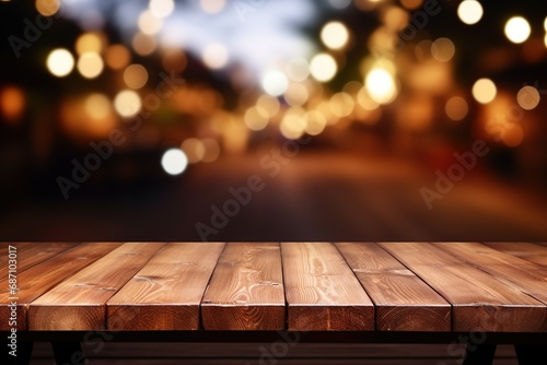 An empty wooden table with a blurred background Can be used for mounting or demonstrating your products