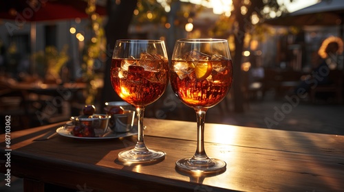 Crystal glasses with an alcoholic drink on a wooden table outdoors. Restaurant and leisure theme.
