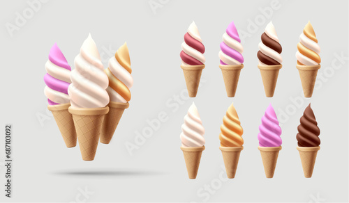 Realistic soft ice cream in waffle cone set. Soft serve ice cream, 3d vector american sundae swirl in three flavors, chocolate, vanilla and berry