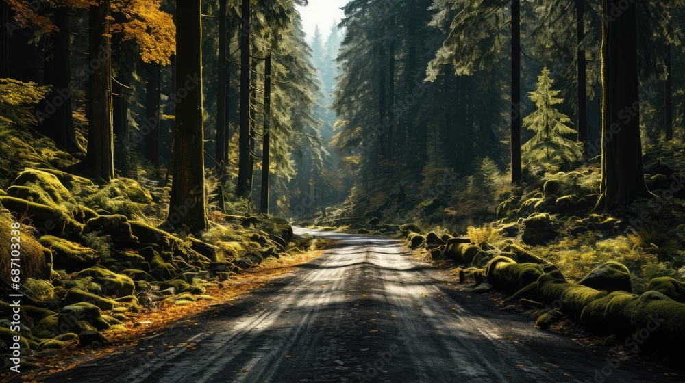 Fototapeta premium An empty autumn road goes deep into the forest with yellow, orange and red leaves.