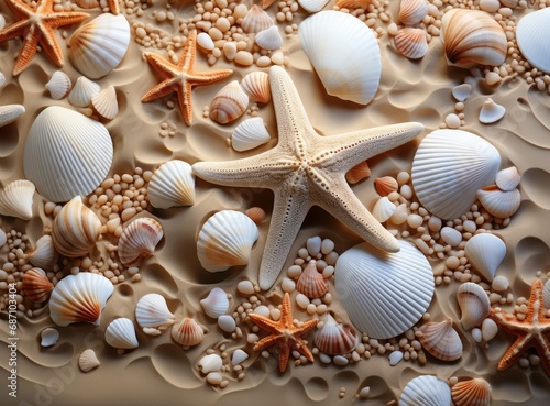 Beautiful shells and starfish. Souvenirs from the ocean.